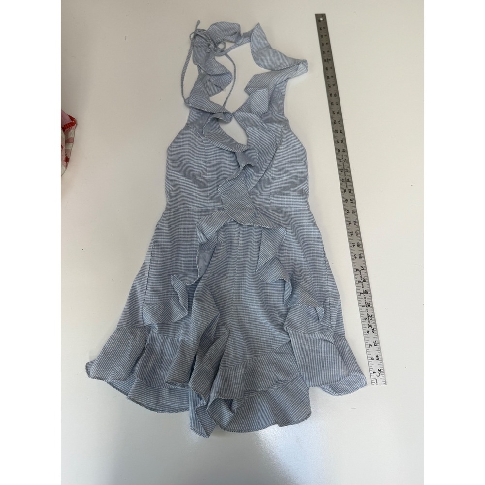 Selfie Leslie Blue‎ White Striped Ruffle Halter Romper Open Back Small